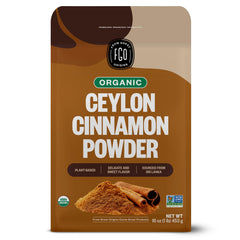 FGO envase frontal de canela Ceilán orgánica mostrando tamaño y marca