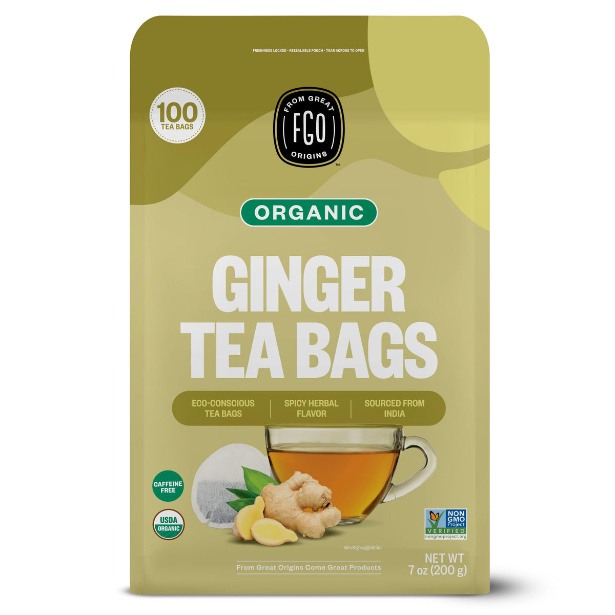FGO frontal del empaque mostrando bolsa resealable y cantidad 100 bolsitas, conserva frescura