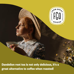 FGO brewed cup of roasted dandelion tea presenting warm color and comforting sip