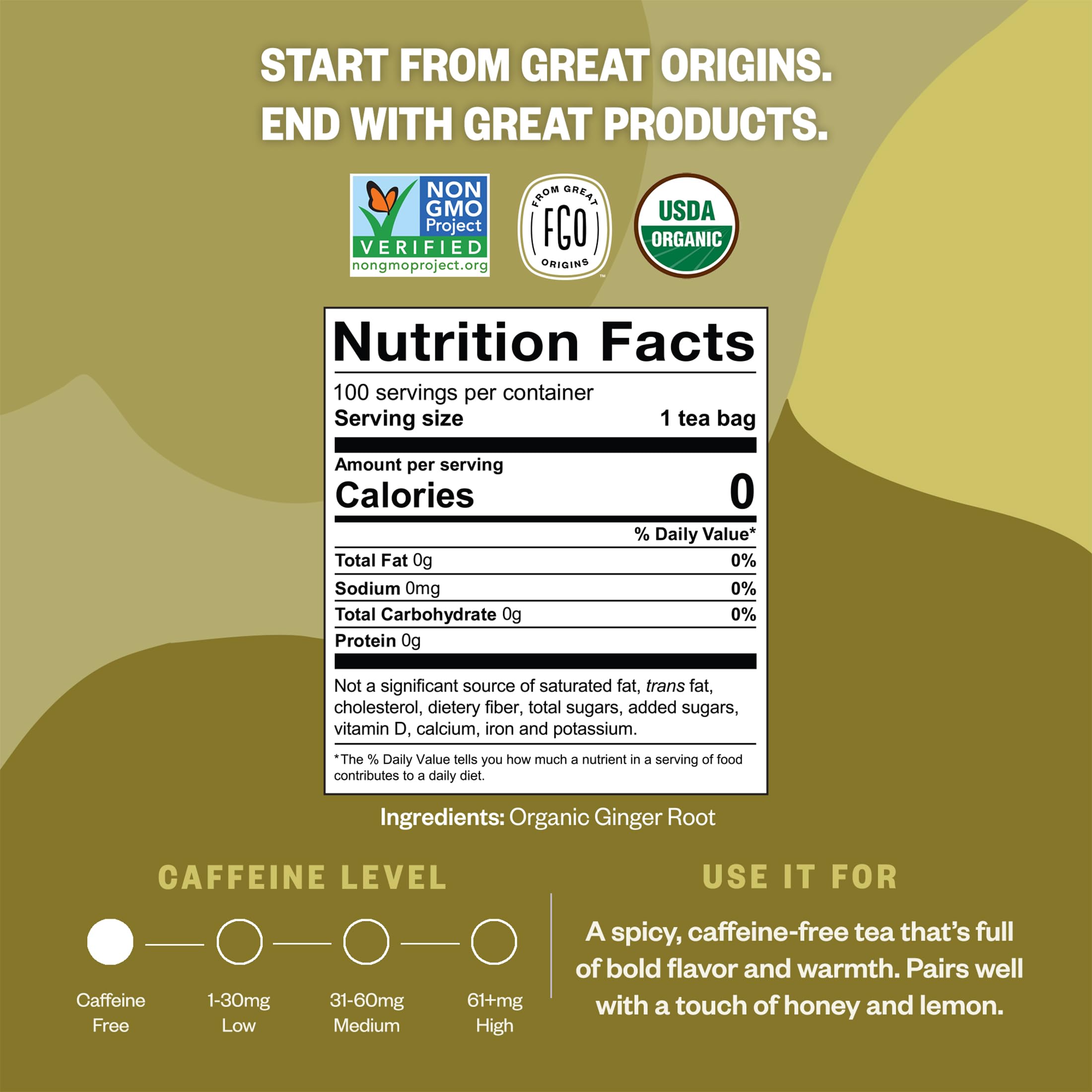 FGO porción de raíz de jengibre molida junto a bolsita, claridad de ingredientes