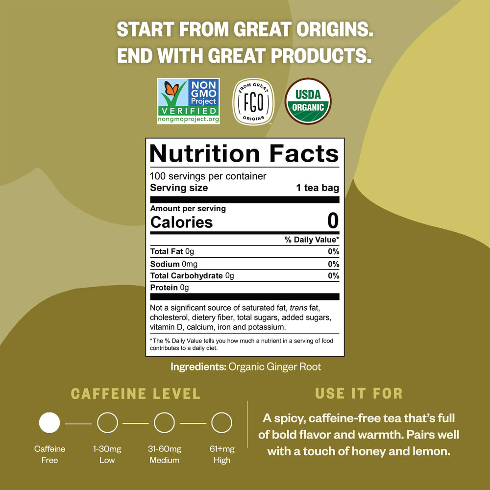 FGO porción de raíz de jengibre molida junto a bolsita, claridad de ingredientes