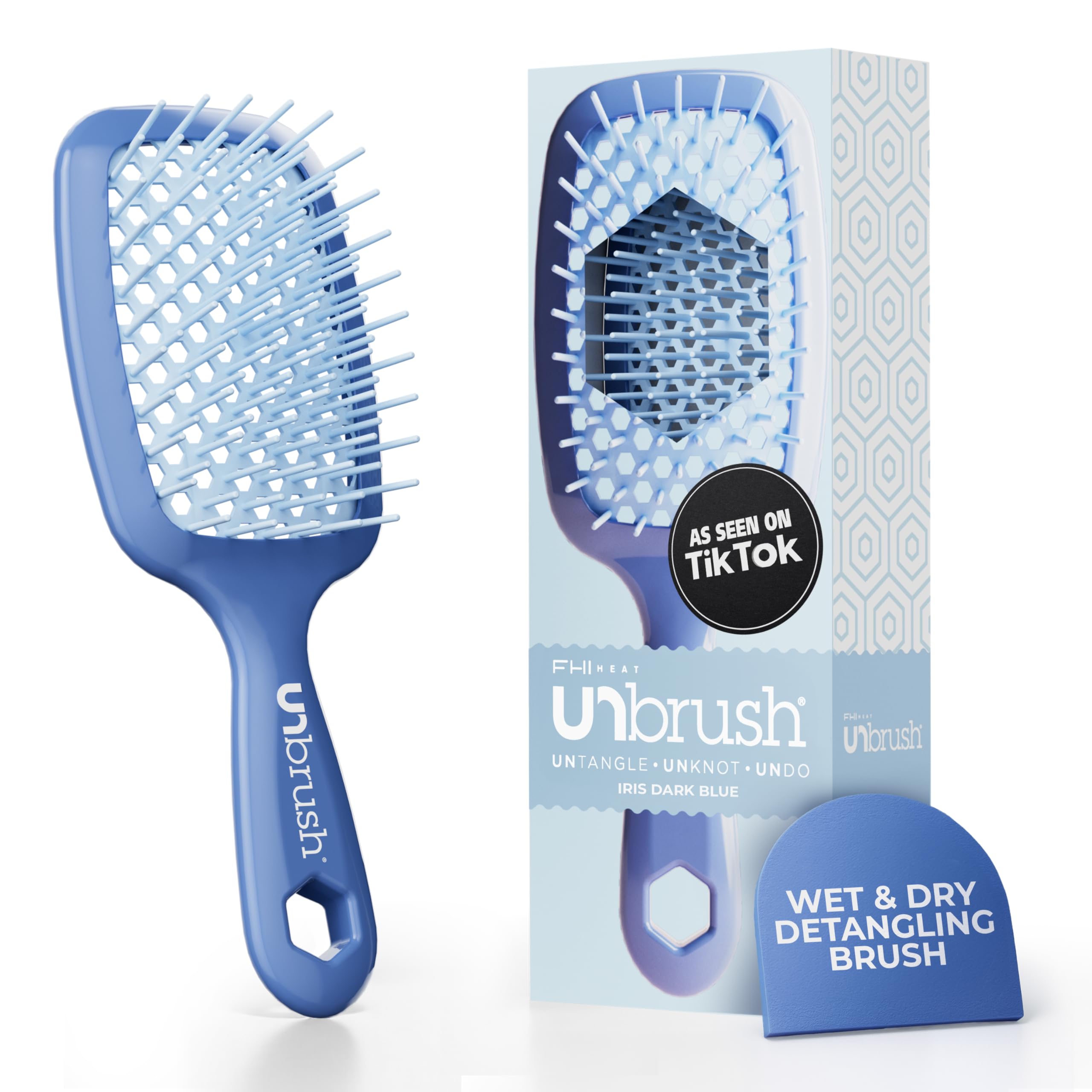 FHI Heat UNbrush frontal azul iris mostrando forma y color, ideal para control de enredos