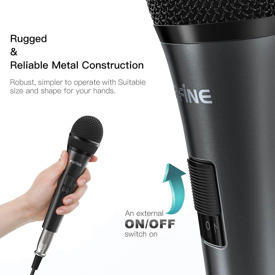 FIFINE K6 closeup of external on/off switch for immediate control