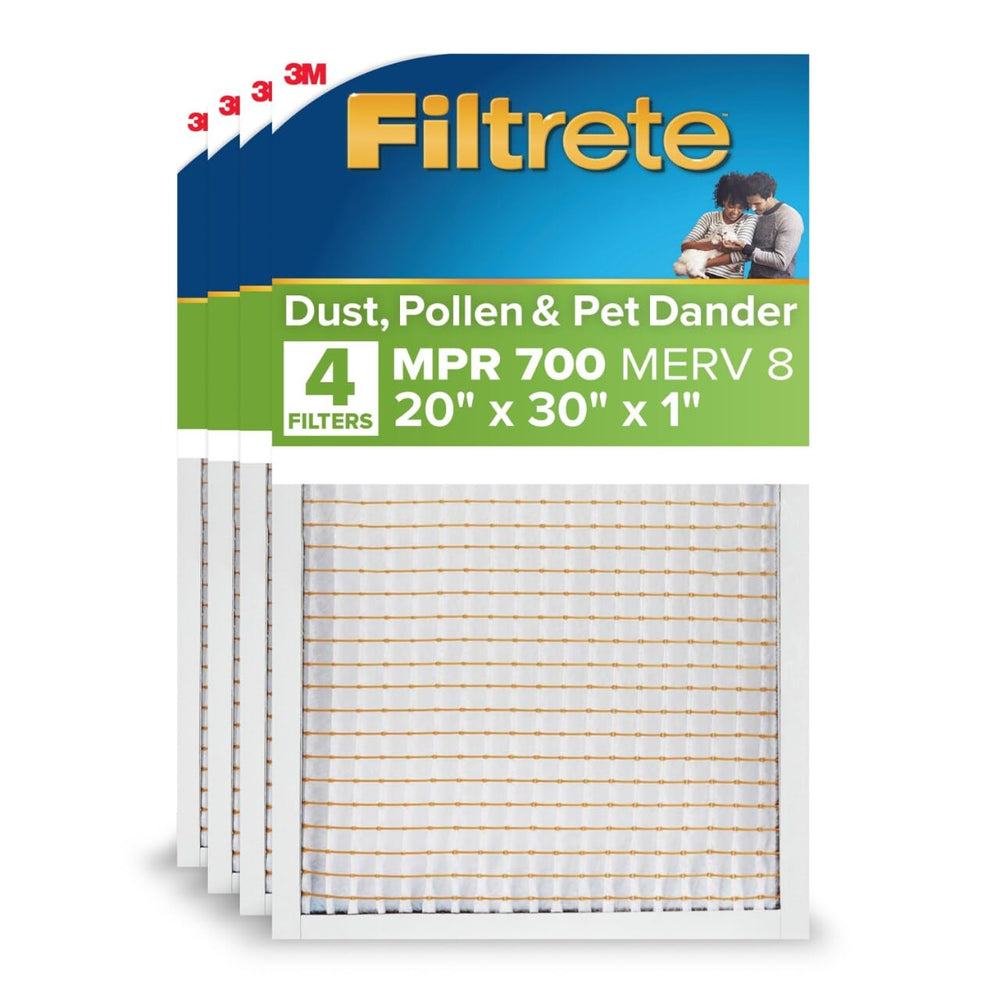 Filtrete frente del empaque mostrando pack de cuatro y tamaño 20x30x1 para protección del aire