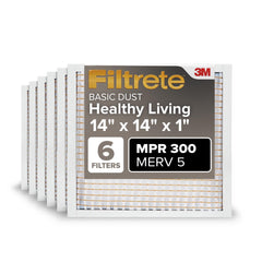 Filtrete empaque frontal paquete de seis mostrando tamaño y beneficio de respaldo