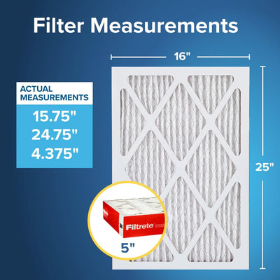 Filtrete closeup of label with actual dimensions and fit benefit