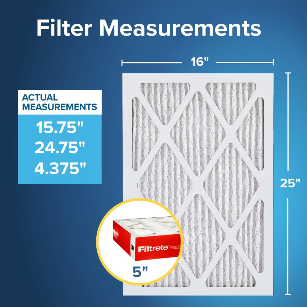 Filtrete closeup of label with actual dimensions and fit benefit