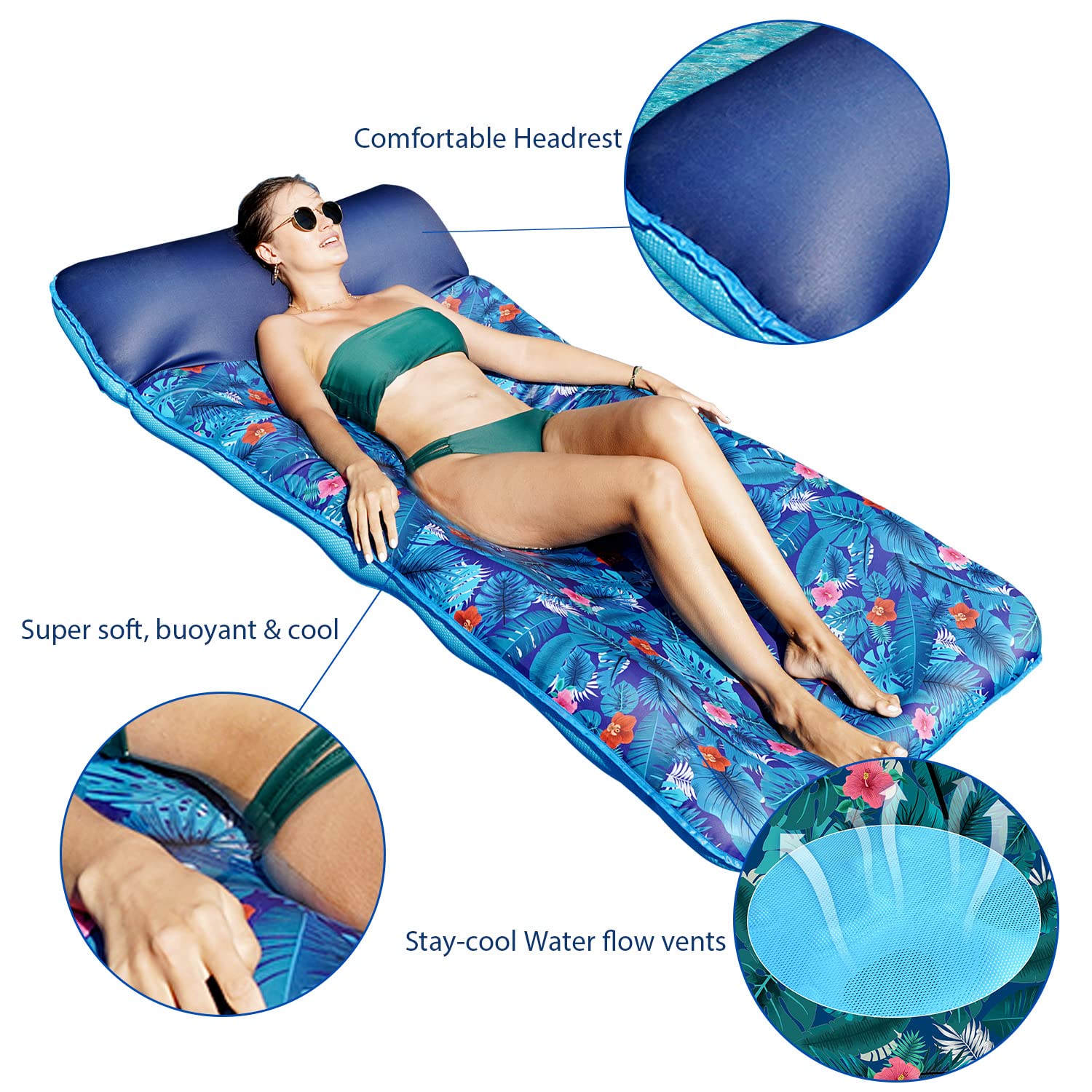 FindUWill float in use with adult relaxing on water demonstrating stability and cooling mesh benefit