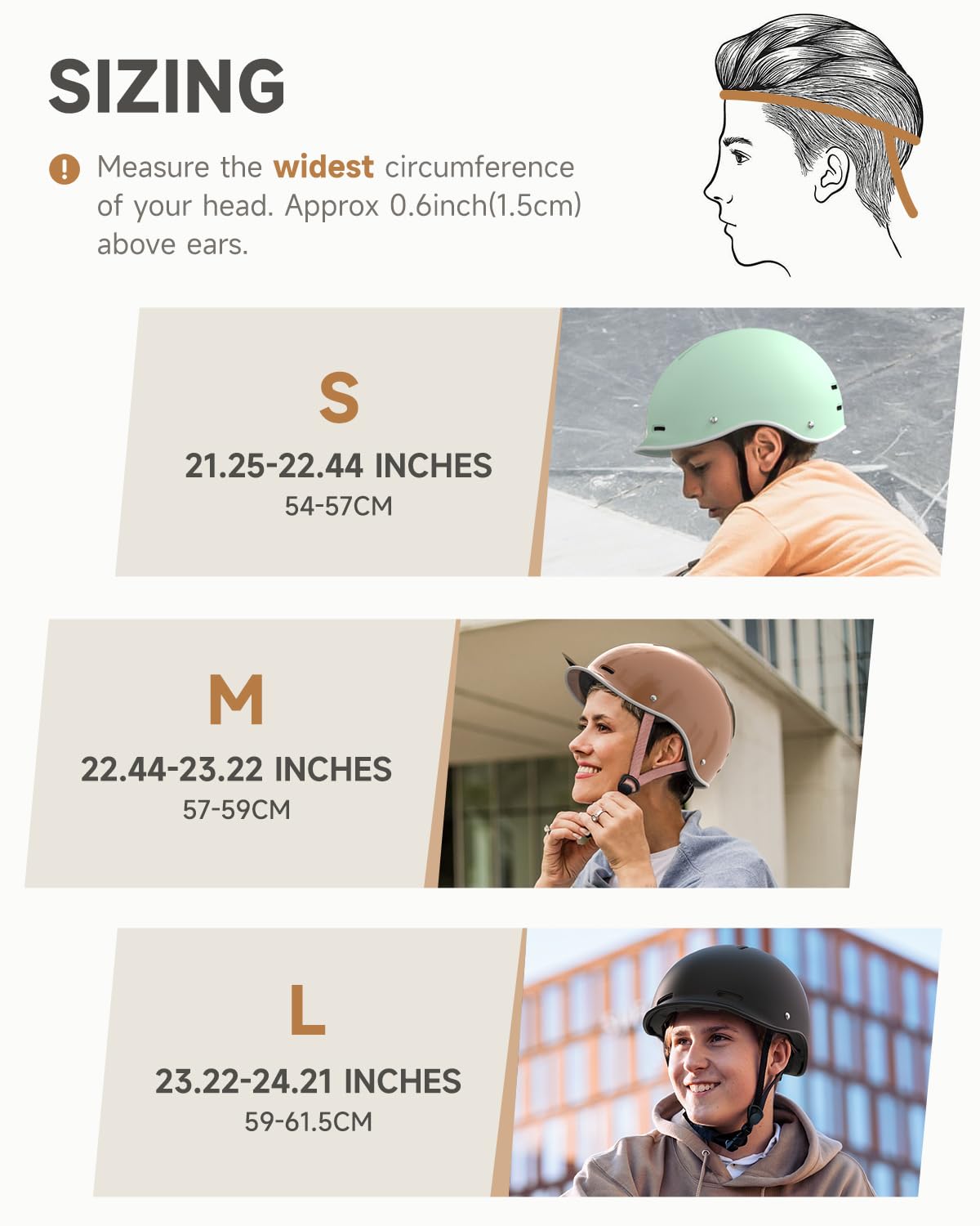 Findway helmet on ruler showing 54–61.5 cm sizing for correct fit