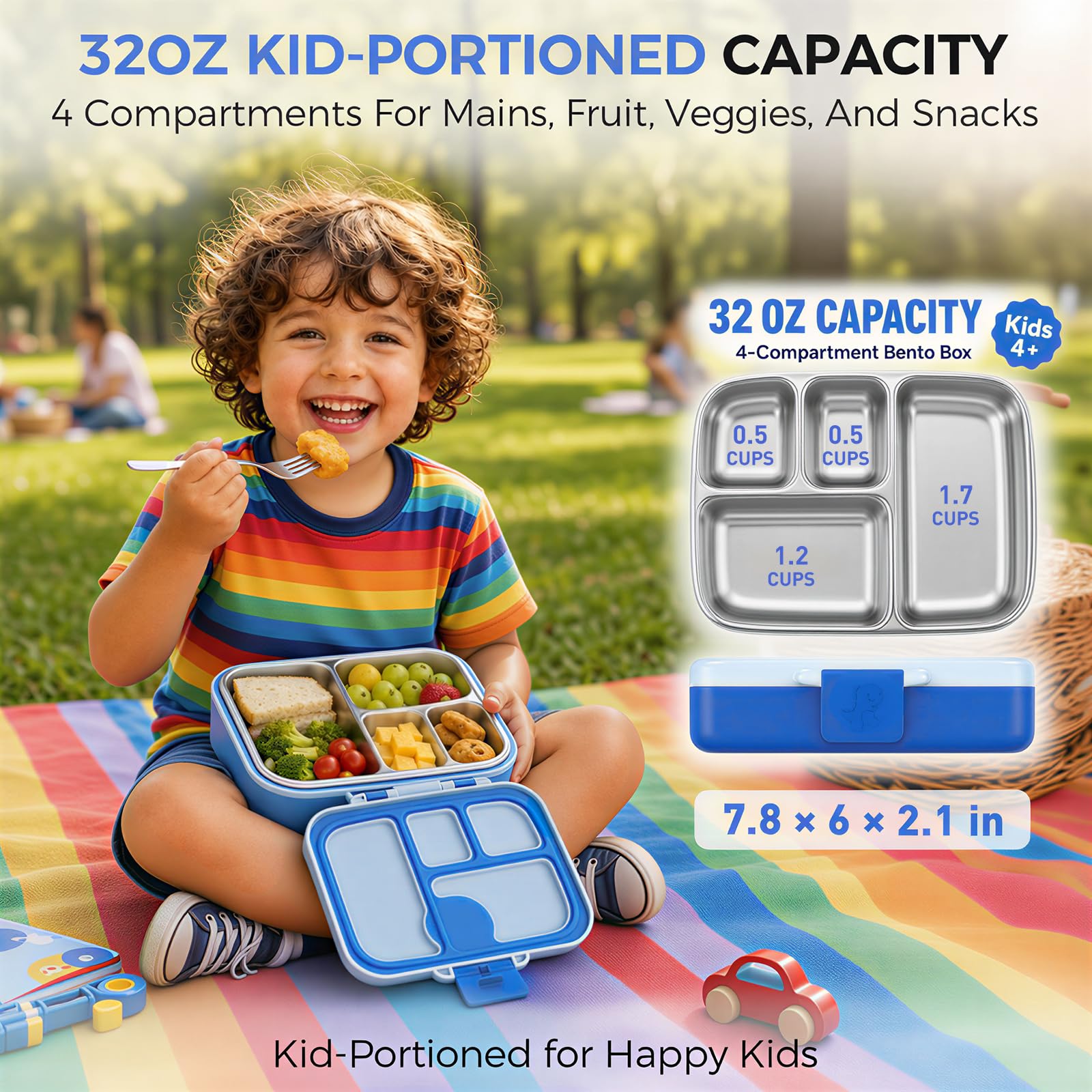 Fineyorker cuatro compartimentos con comida organizada, porciones infantiles claras