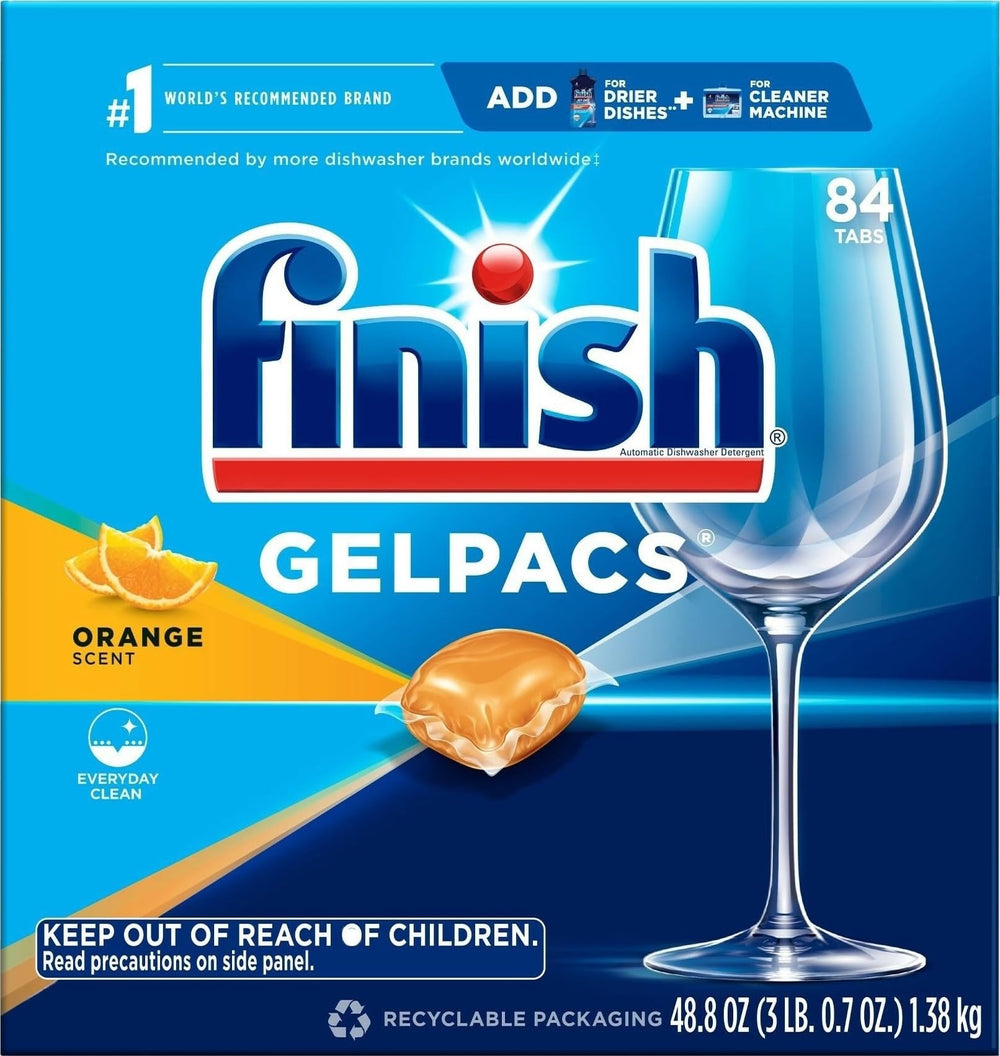 Finish Gelpacs frente del empaque mostrando cantidad y aroma naranja
