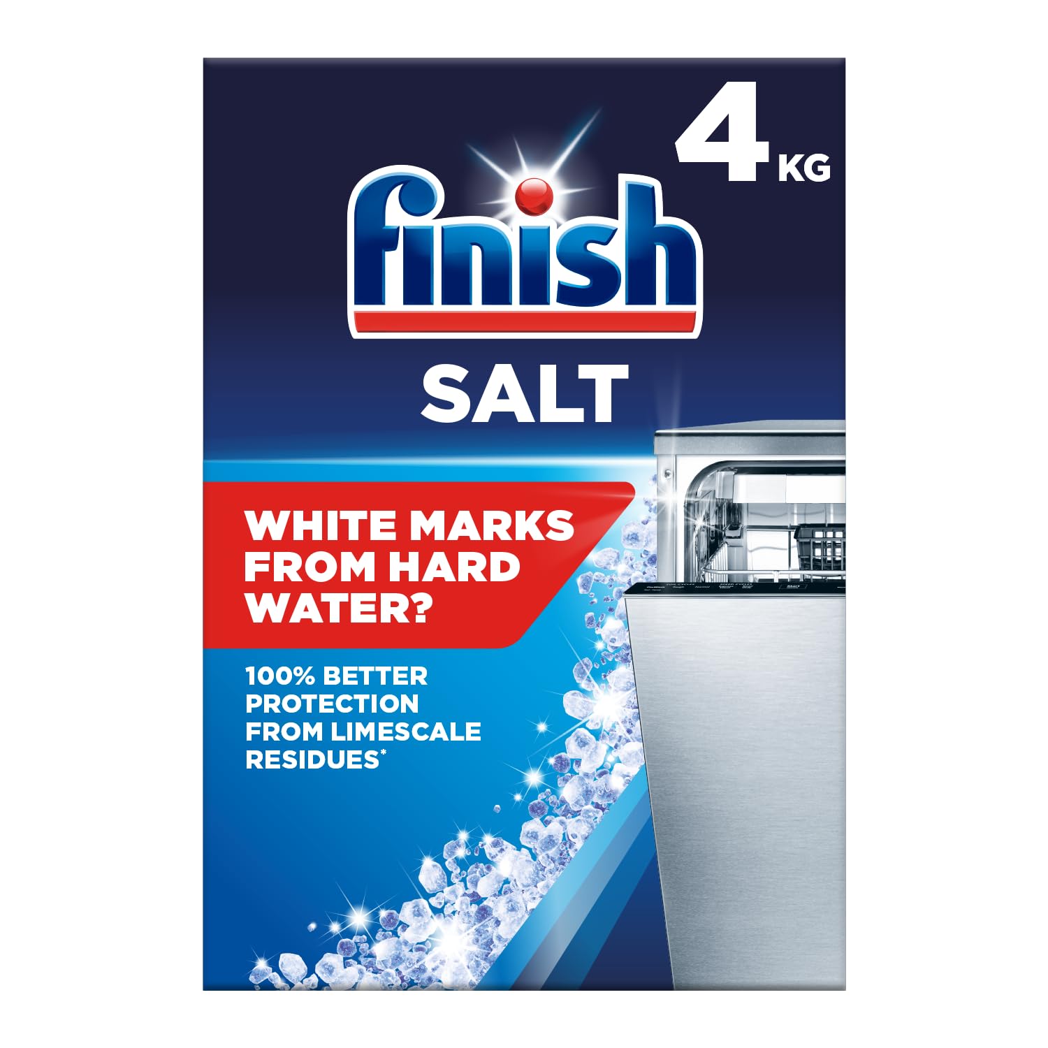 Finish sal paquete frontal mostrando cantidad y marca, protege contra cal