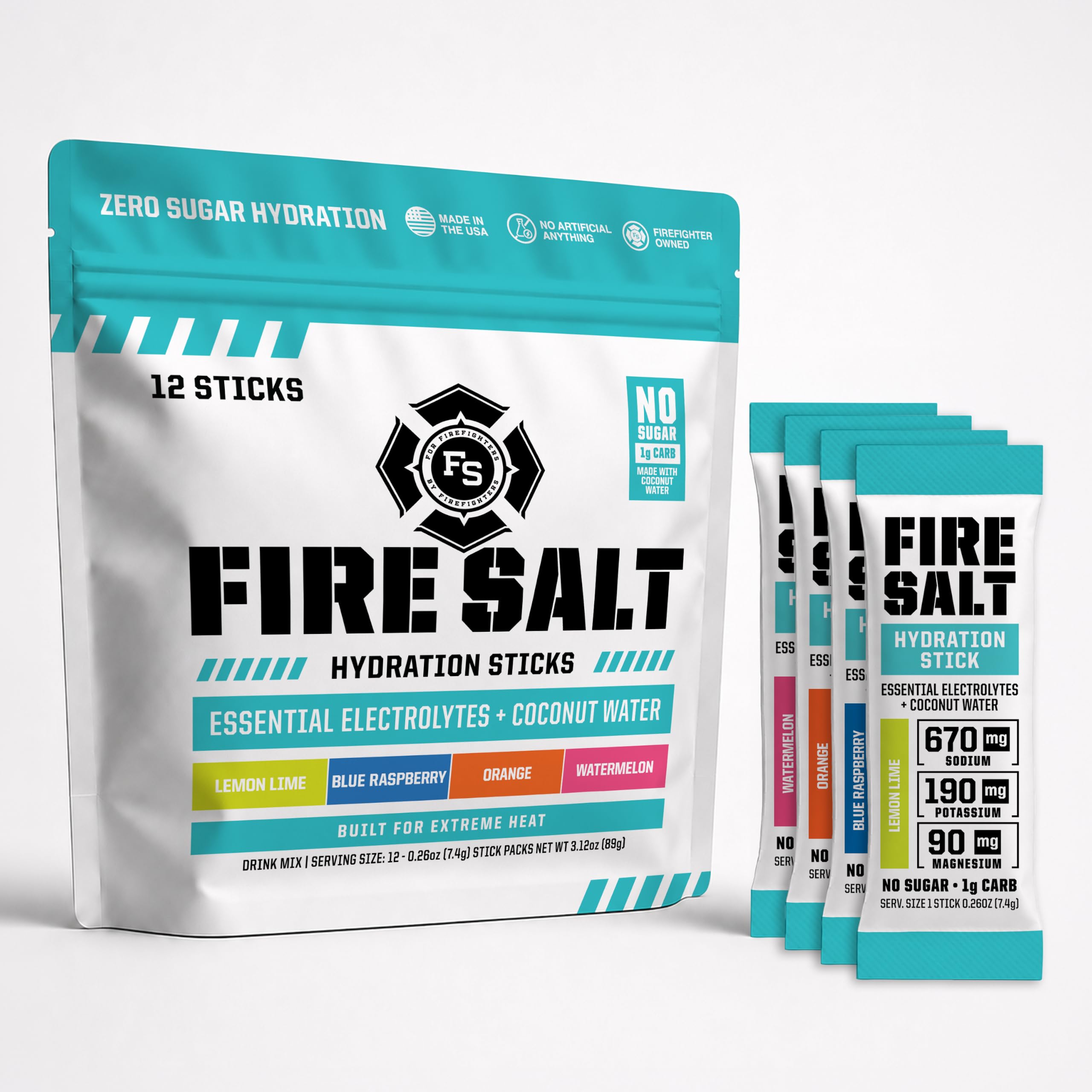 Fire Salt vista frontal del kit con sabores y empaques visible, hidratación portátil