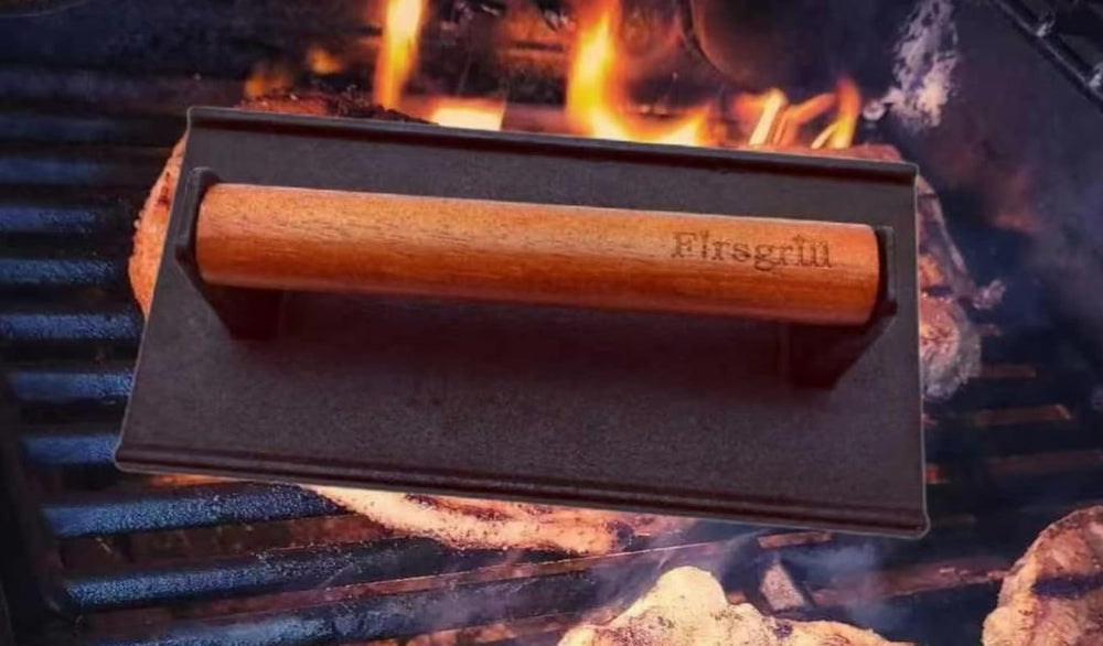 Firsgrill round press close-up of flat bottom, ensures even searing and contact