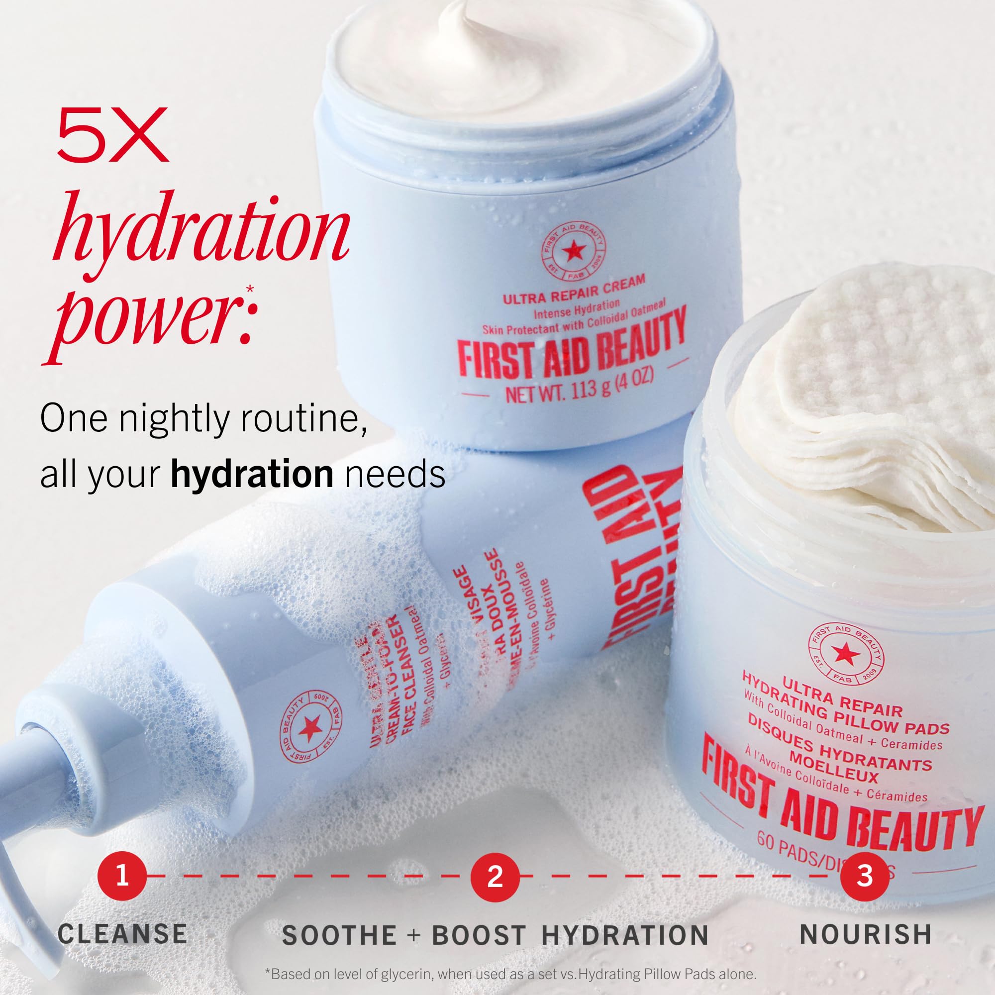 First Aid Beauty etiqueta con ingredientes claves muestra avena y glicerina calmantes