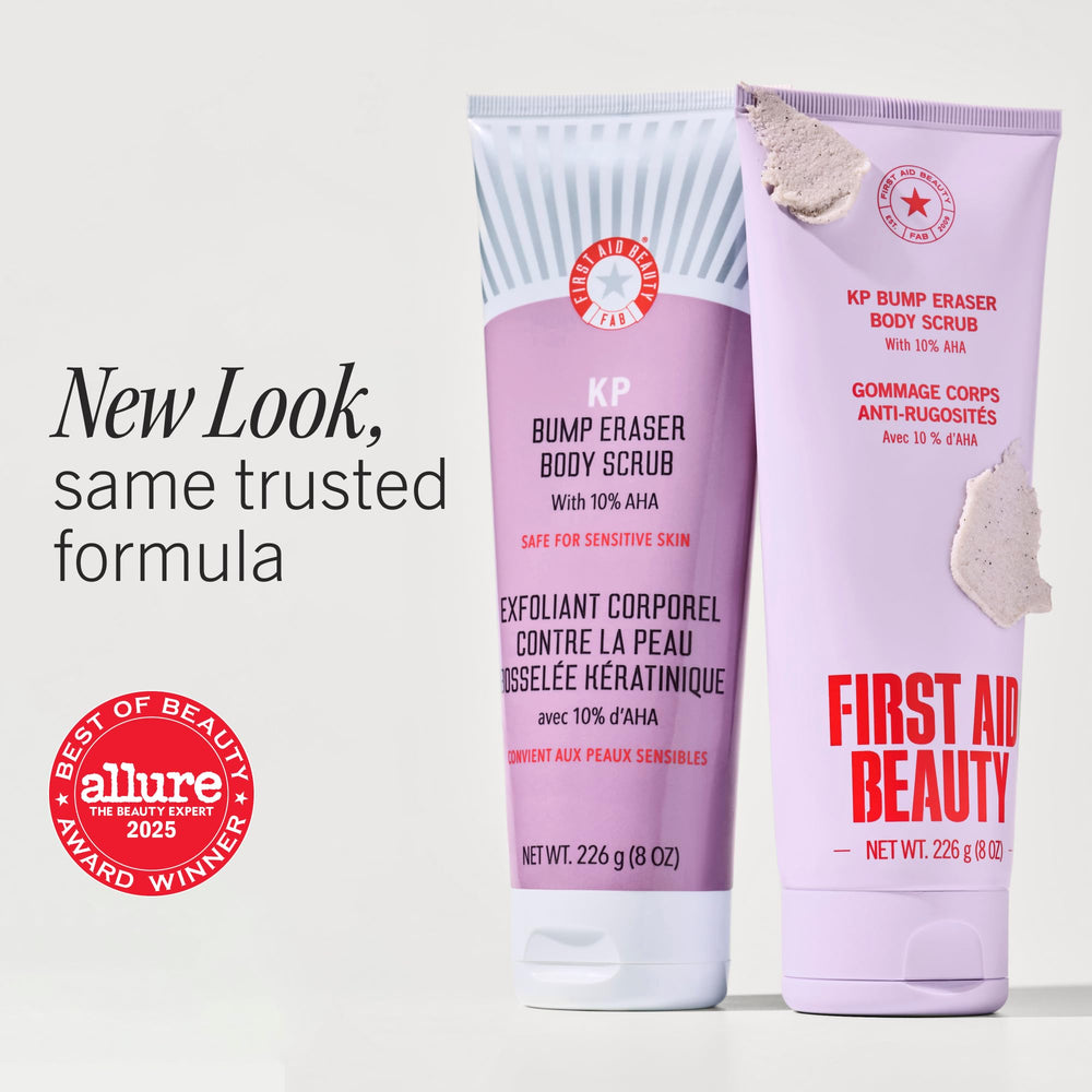 First Aid Beauty open jar showing creamy scrub texture and visible pumice beads for exfoliation