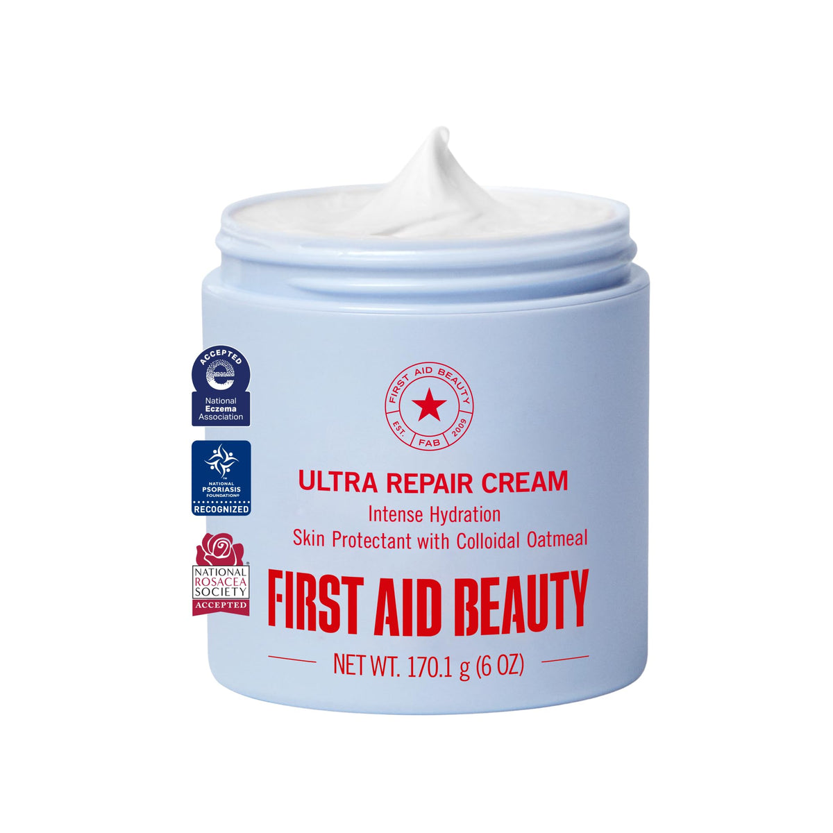 First Aid Beauty envase frontal mostrando 6 oz y beneficio hidratación intensa