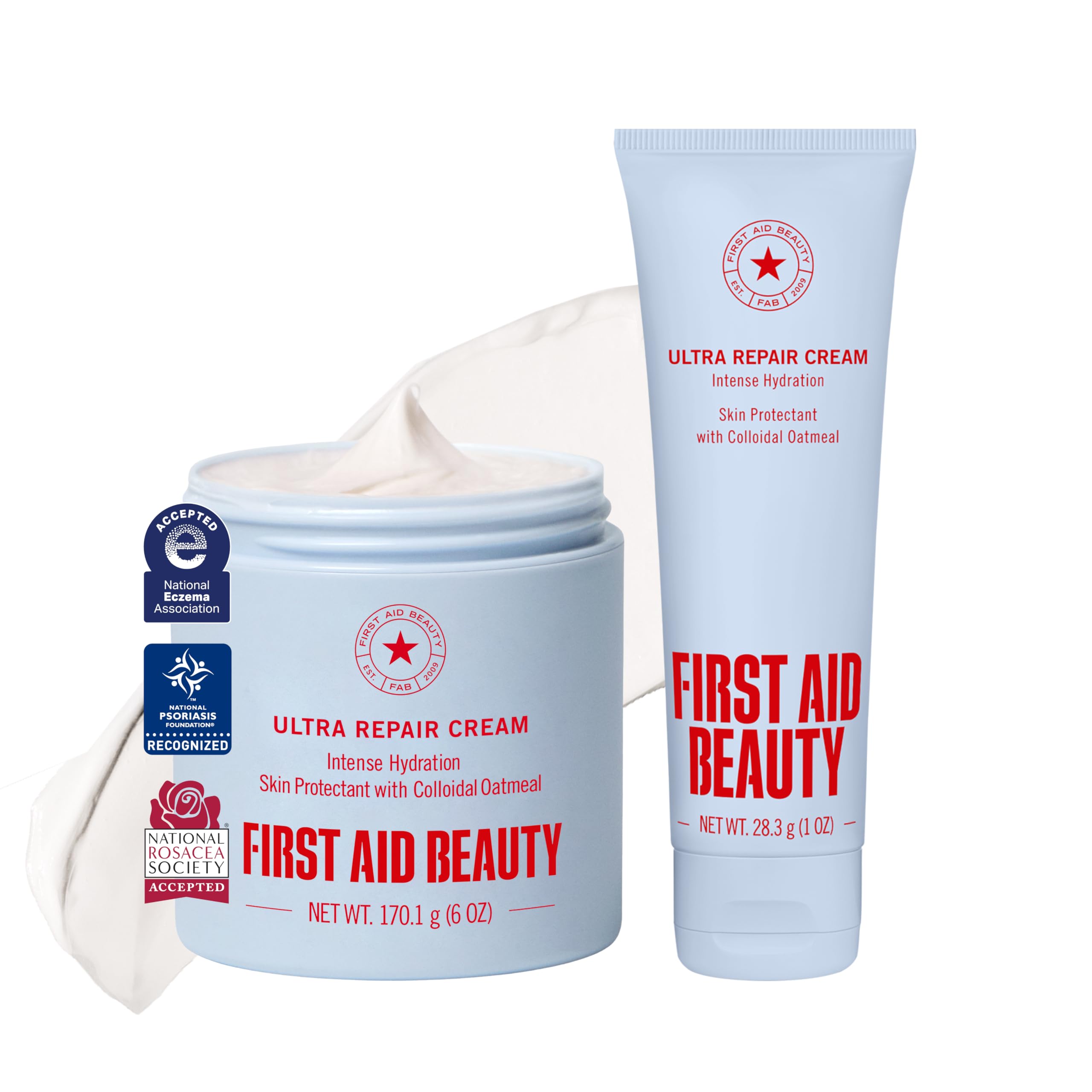 First Aid Beauty crema frontal mostrando envase y beneficio hidratación intensa