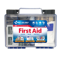 First Aid Only frontal del botiquín mostrando cierre y manija, fácil transporte