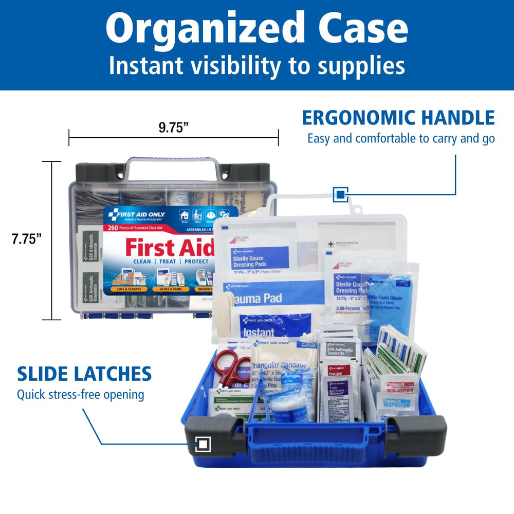First Aid Only interior organizado con compartimentos transparentes para acceso rápido