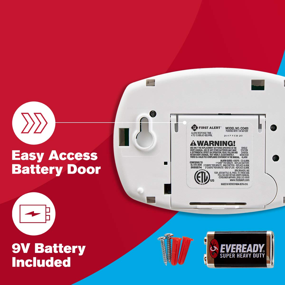 First Alert CO400 open battery compartment showing 9V battery slot for uninterrupted power benefit