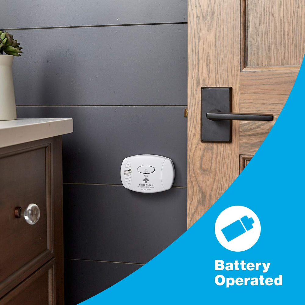 First Alert CO400 placed on bedroom dresser illustrating bedroom monitoring for sleeping safety benefit