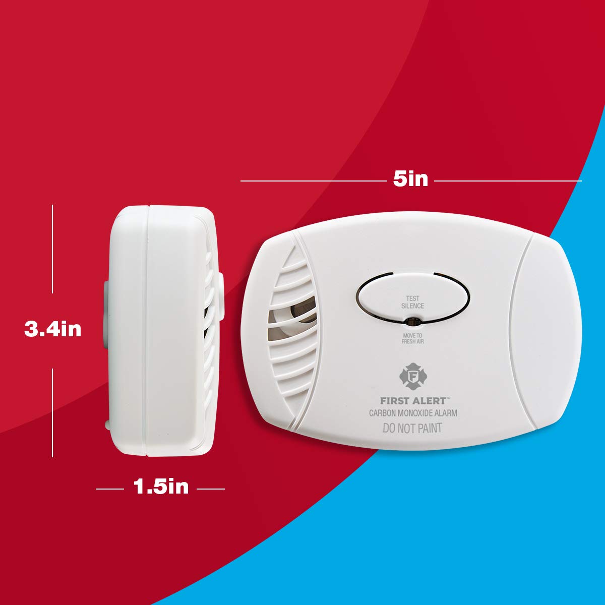 First Alert CO400 next to a ruler for scale showing compact size for flexible placement benefit