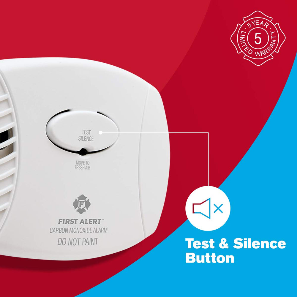 First Alert CO400 test/silence button close-up enabling simple checks and temporary silence benefit