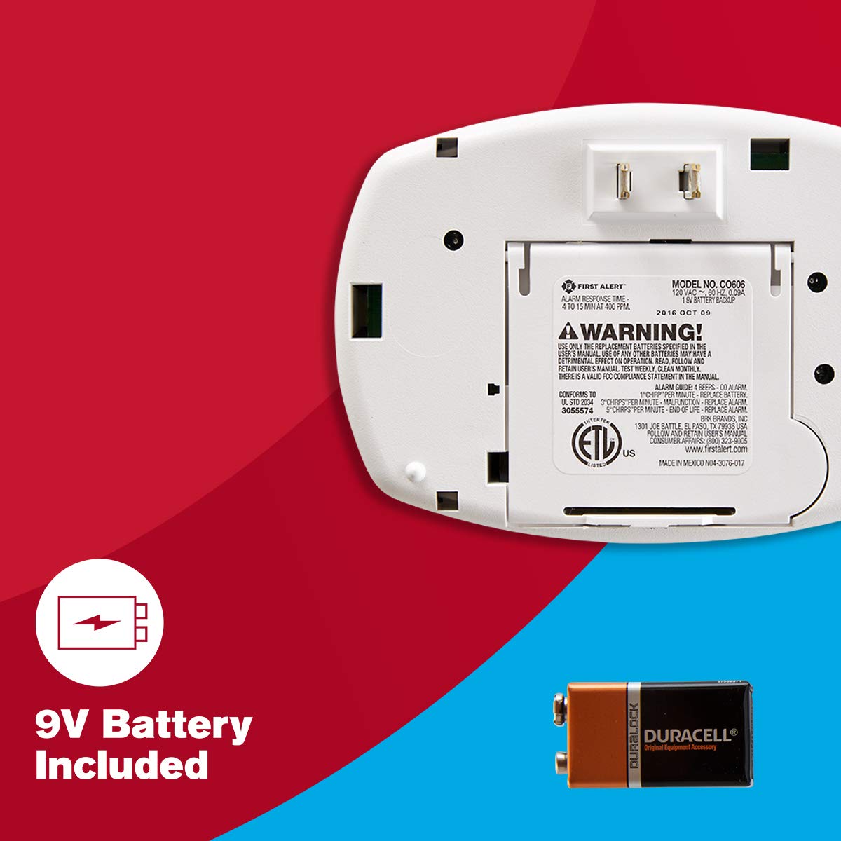 First Alert CO605 plugged into bedroom outlet demonstrating audible alert coverage benefit