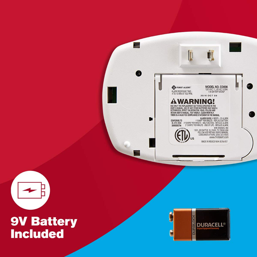 First Alert CO605 plugged into bedroom outlet demonstrating audible alert coverage benefit