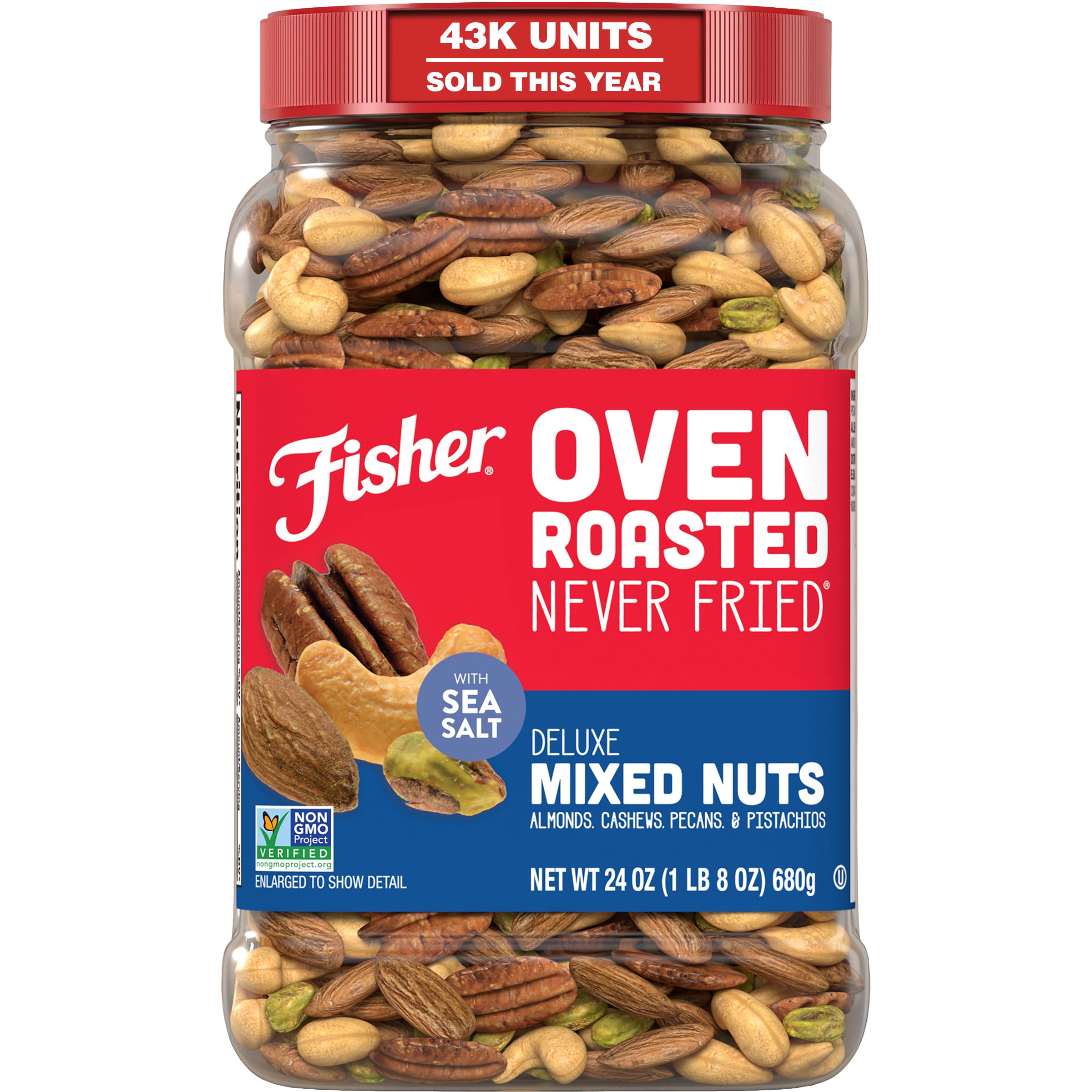 Fisher front packaging 24 oz canister showing product and resealable lid benefit