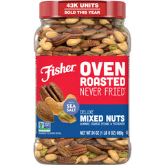 Fisher front packaging 24 oz canister showing product and resealable lid benefit