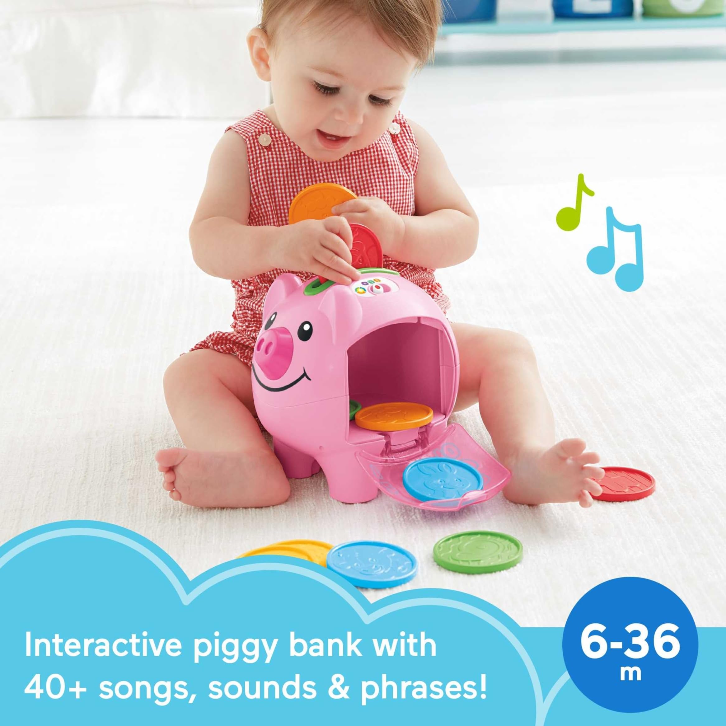 Fisher-Price colorful coins close-up showing numbers and animal icons for learning
