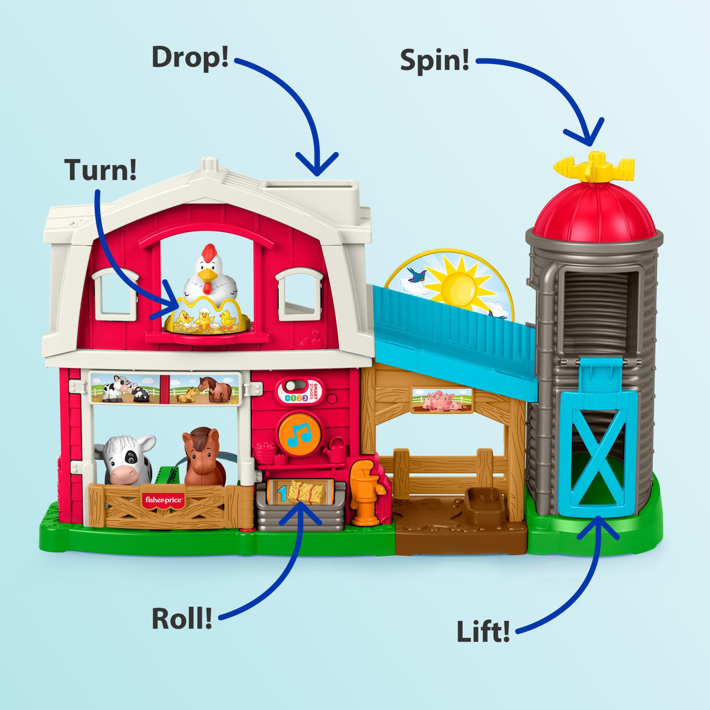 Fisher-Price puerta del establo abierta mostrando animales para fomentar narración y cuidado