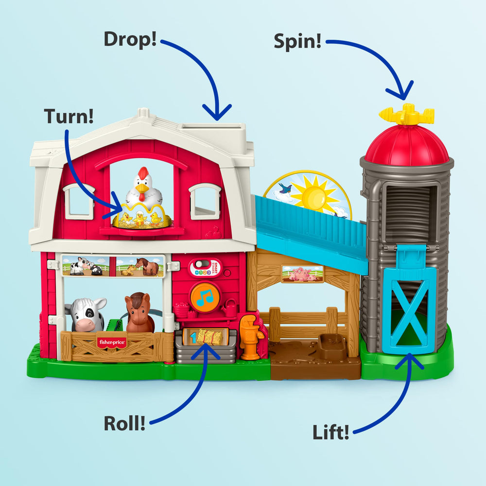 Fisher-Price puerta del establo abierta mostrando animales para fomentar narración y cuidado