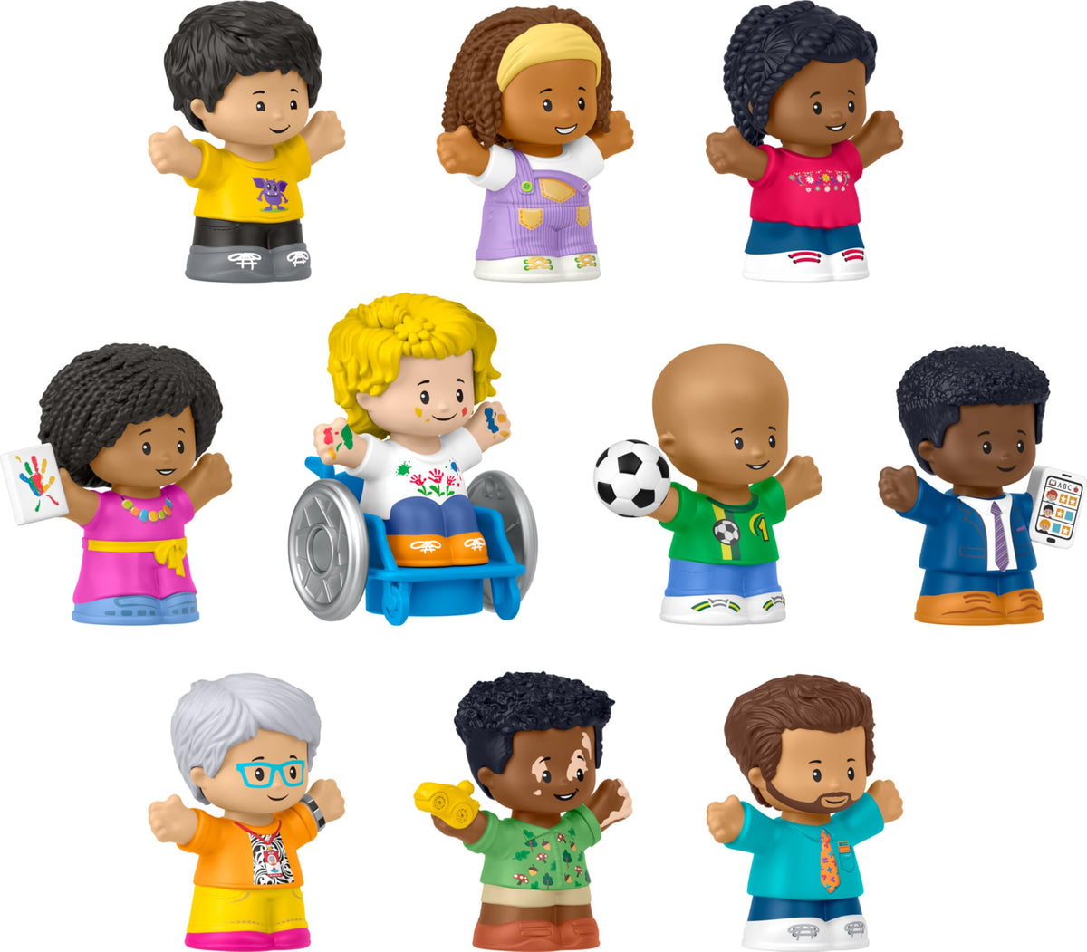 Fisher-Price figuras aula frente mostrando diversidad y facilidad de agarre