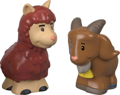 Fisher-Price niño sosteniendo figuras de granja; promueve motricidad y juego imaginativo
