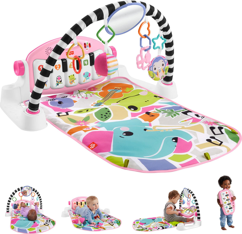 Fisher-Price gimnasio frontal rosa mostrando piano y arco, fomenta juego activo