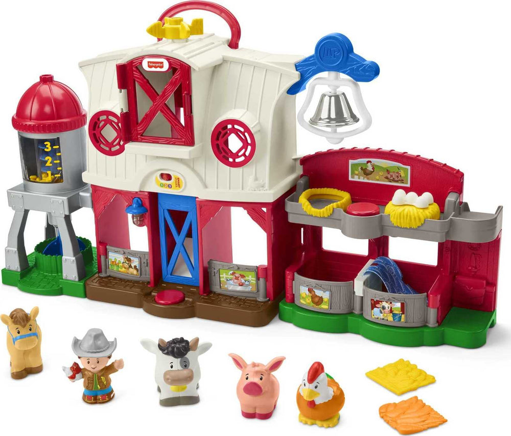 Fisher-Price granero frontal mostrando botones y puerta interactiva para juego activo
