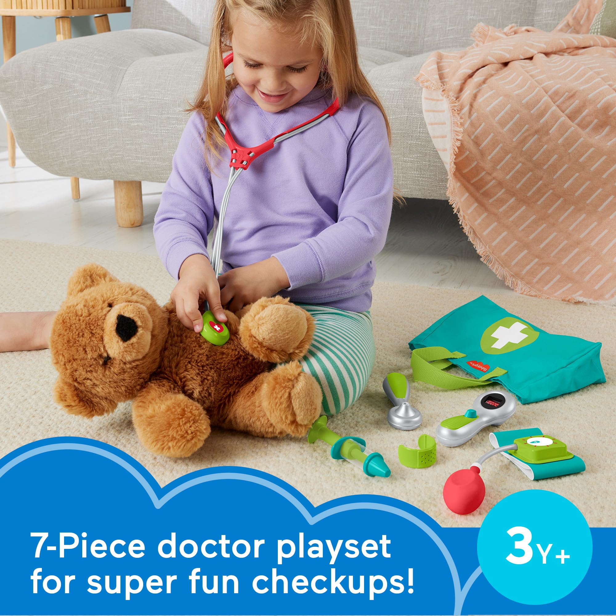 Fisher-Price herramientas desplegadas mostrando estetoscopio termómetro otoscopio para juego práctico