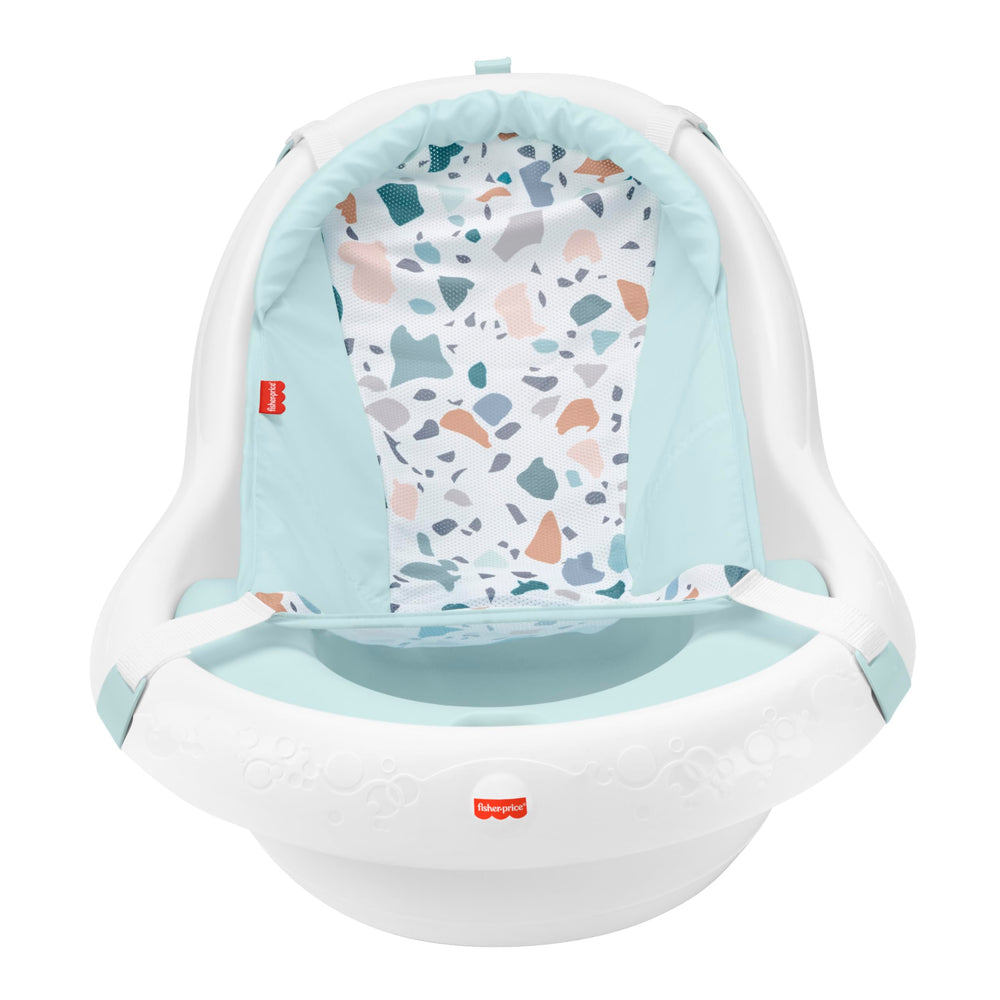 Fisher-Price tub shown in sink with baby demonstrating compact fit