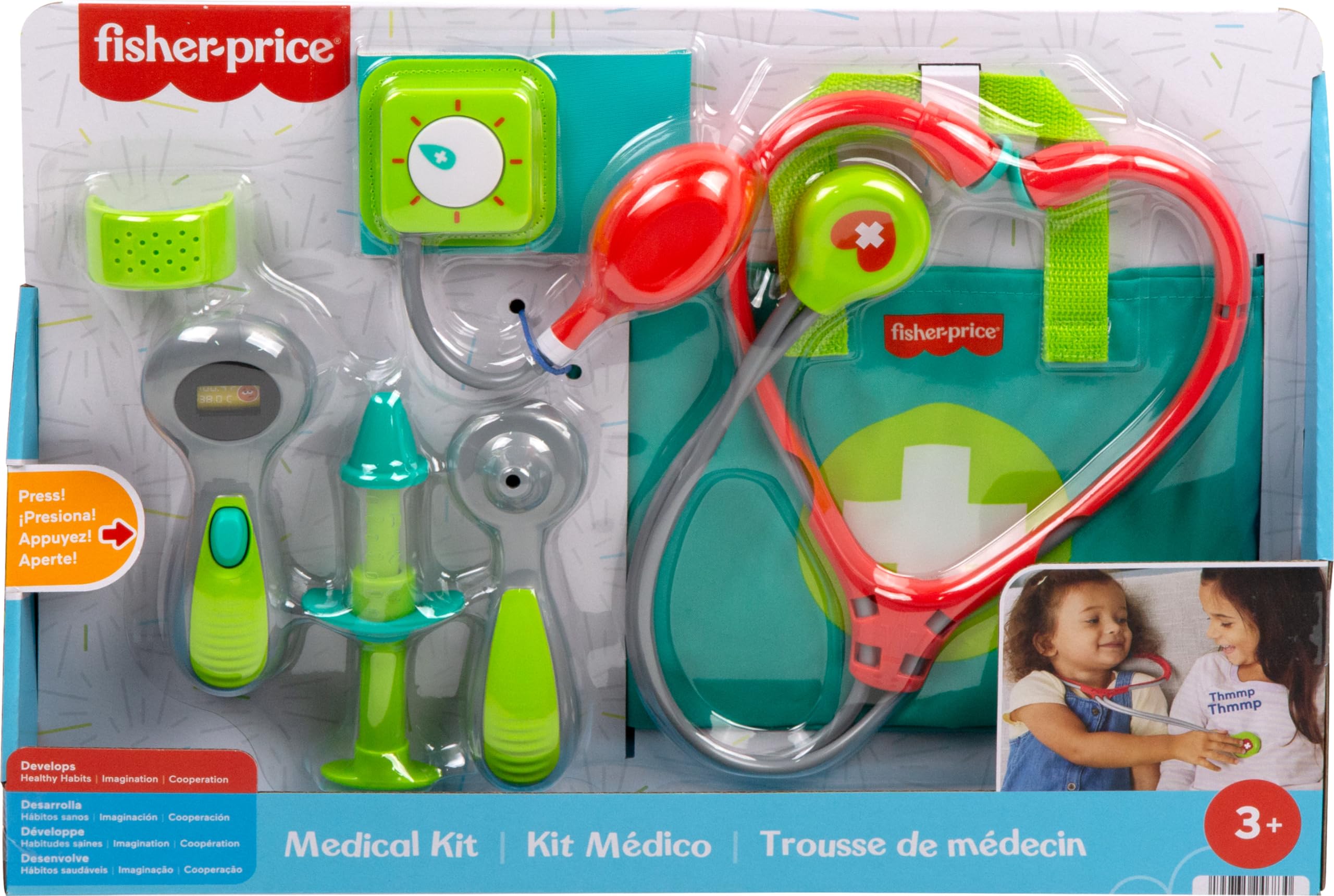 Fisher-Price escena de juego con niño atendiendo muñeco fomentando empatía y habilidades sociales