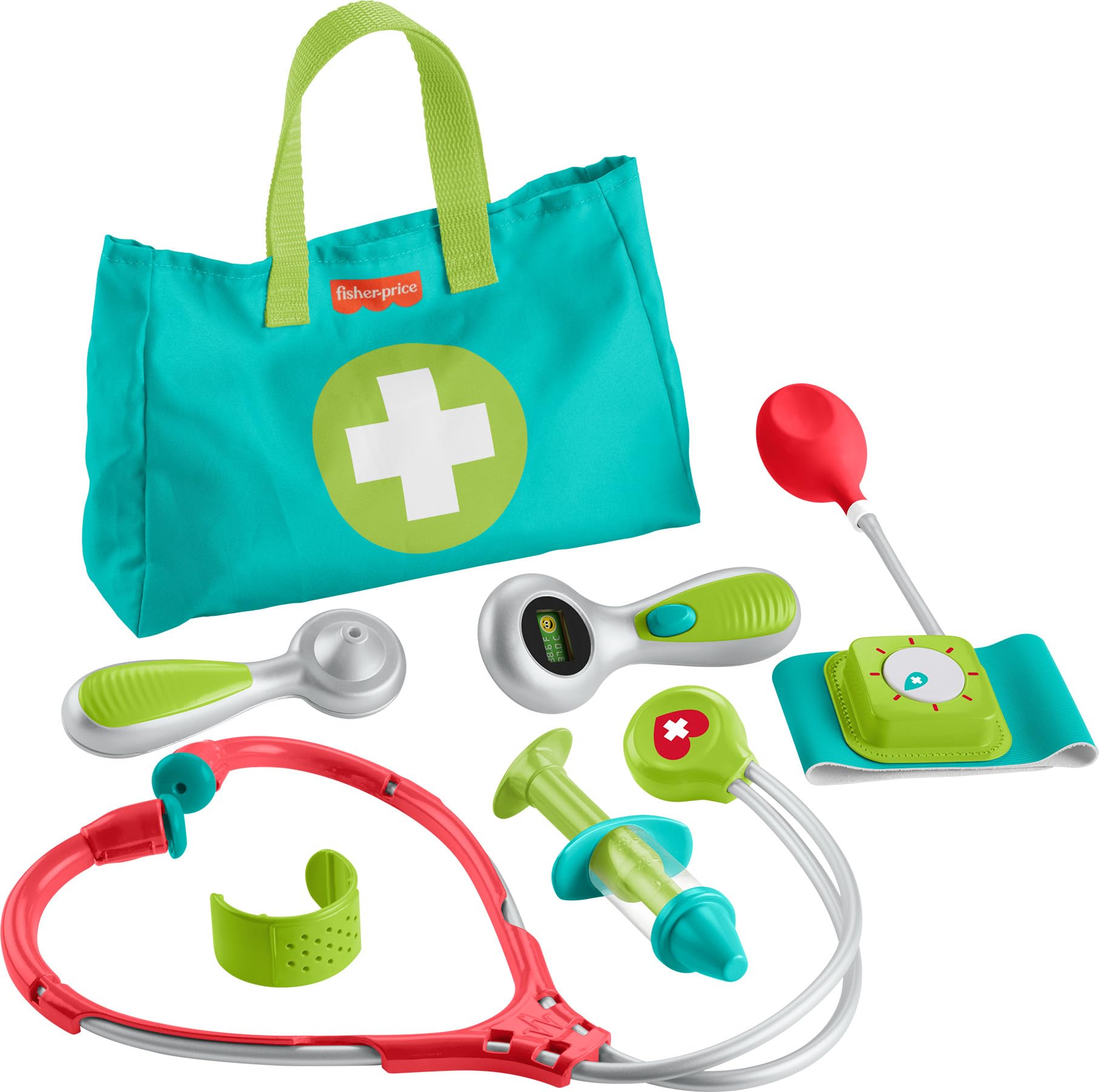Fisher-Price maletín frontal con todas las piezas visible y listo para jugar beneficiando la imaginación