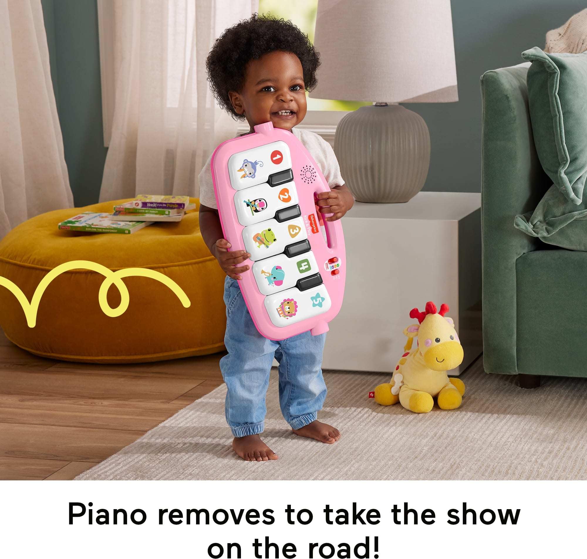 Fisher-Price piano desmontable usado por bebé, facilita juego independiente