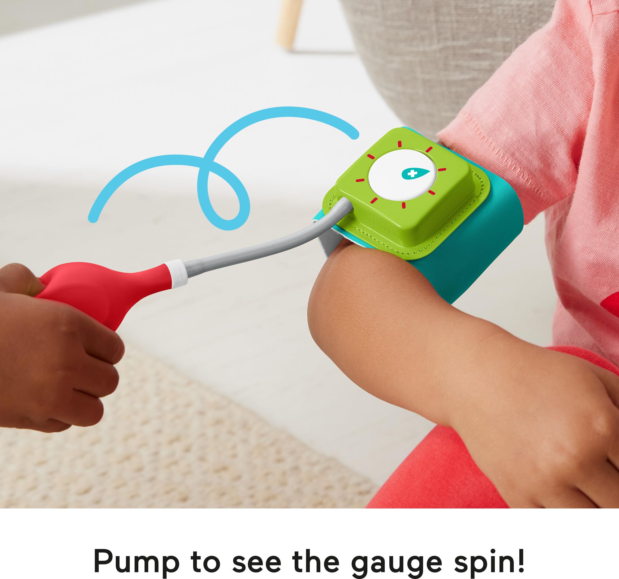 Fisher-Price tensiómetro con ruleta giratoria demostrando acción interactiva y curiosidad científica