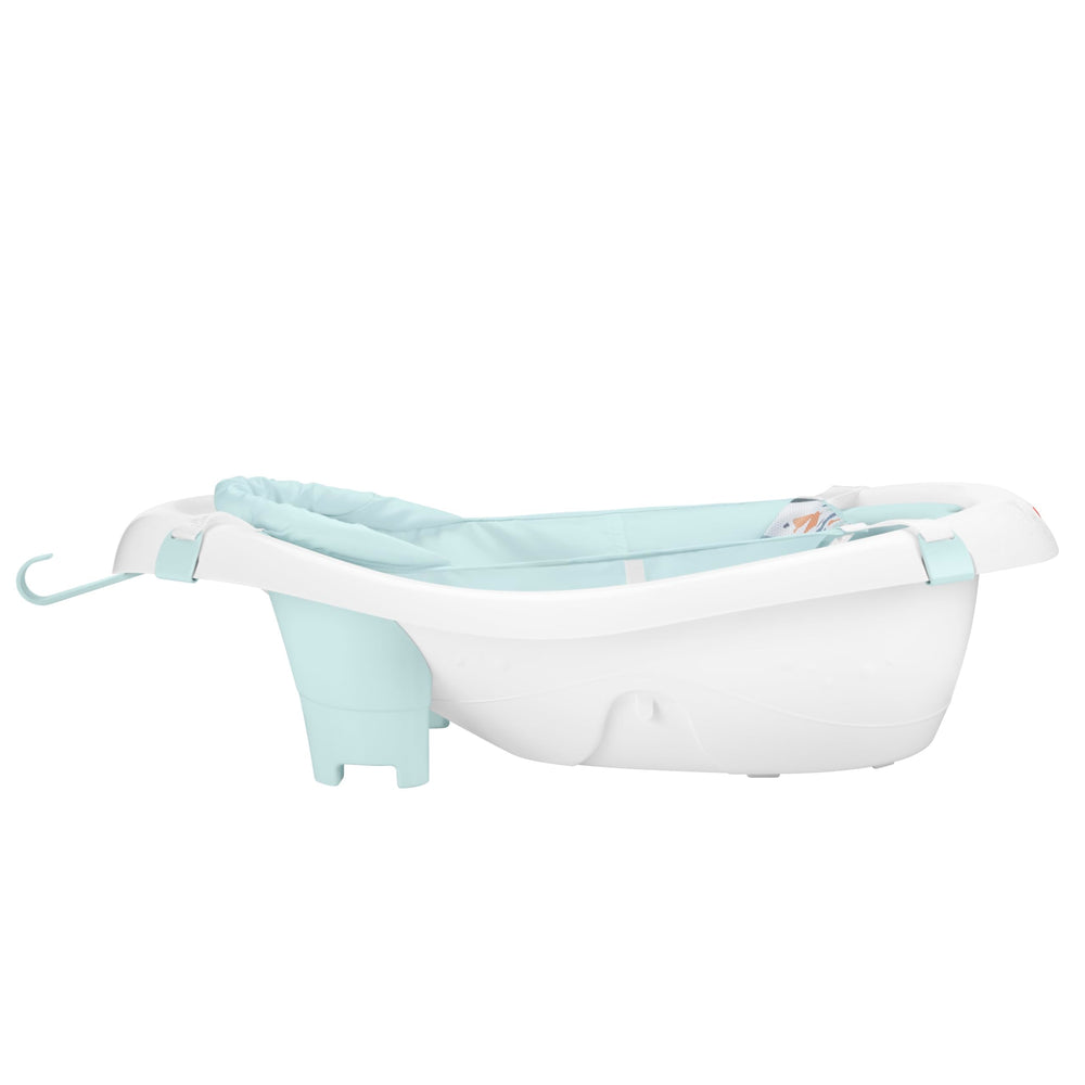 Fisher-Price toddler tub compared to an adult hand showing spacious size