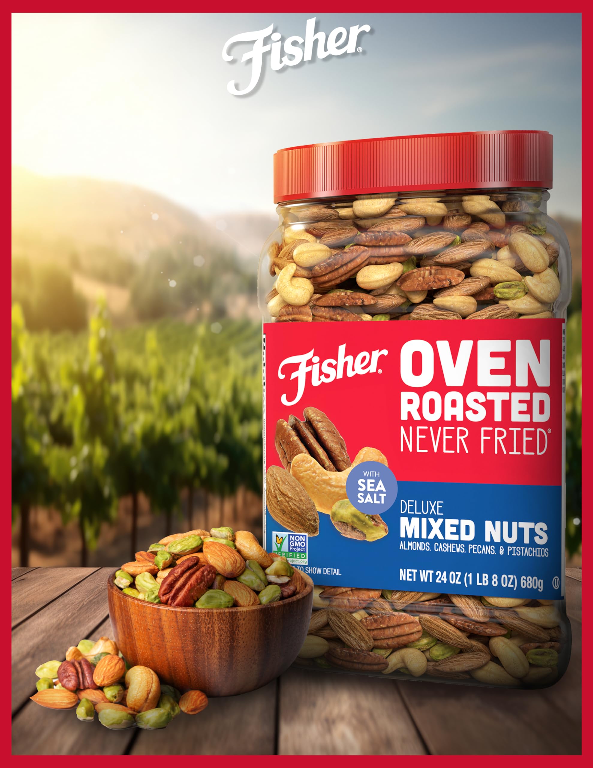 Fisher jar beside fruit for size comparison and pantry storage convenience