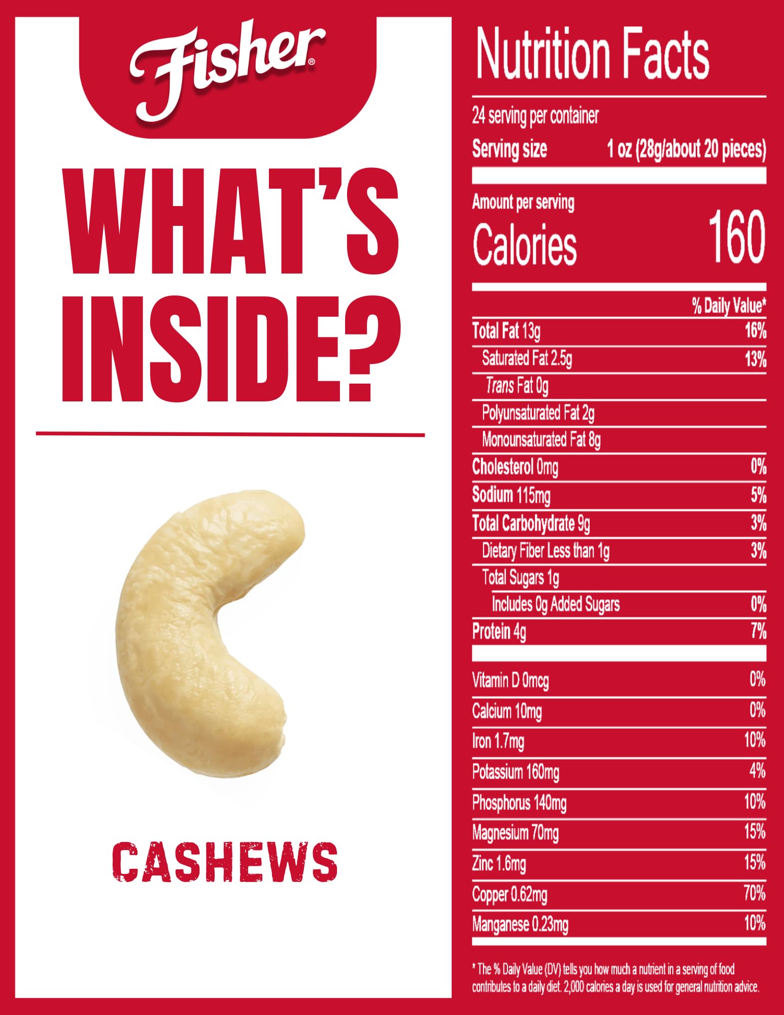 Fisher whole cashews close-up highlighting crunchy texture and roasted color