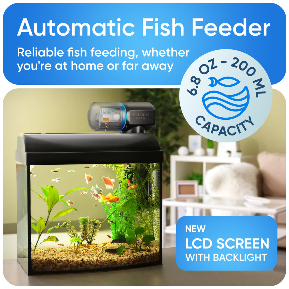 FISHNOSH top-fill hopper open for quick refills and spill-free convenience