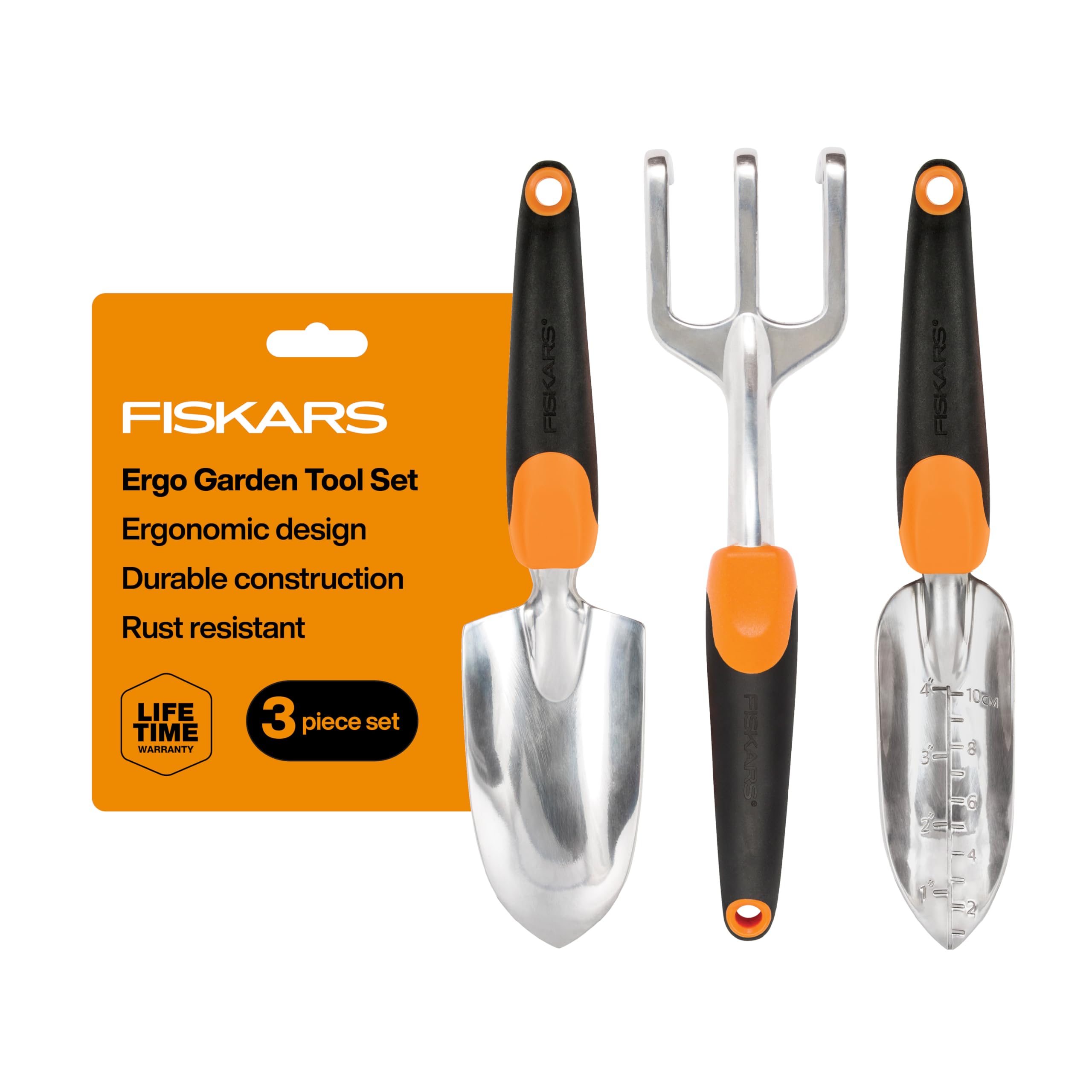 Fiskars juego frontal mostrando paleta trasplantador cultivador, durabilidad visible